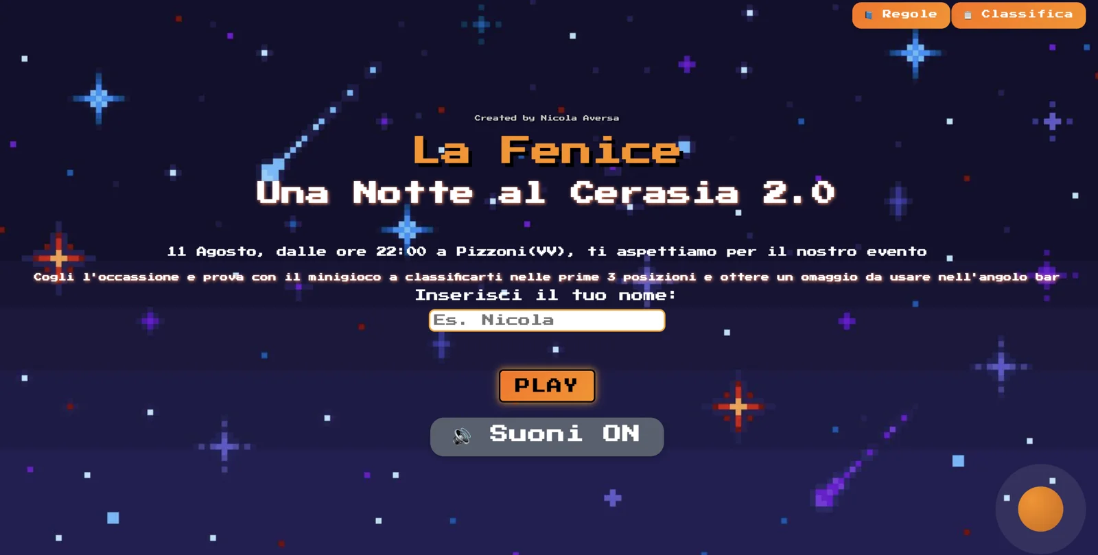 Screenshot iniziale del minigioco Notte al Cerasia realizzato da Nicola Aversa